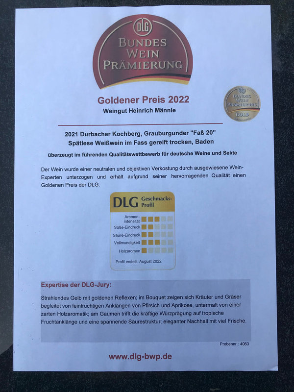 Grauburgunder Spätlese trocken | 2021er Durbacher Kochberg | 0,75 l | 16211